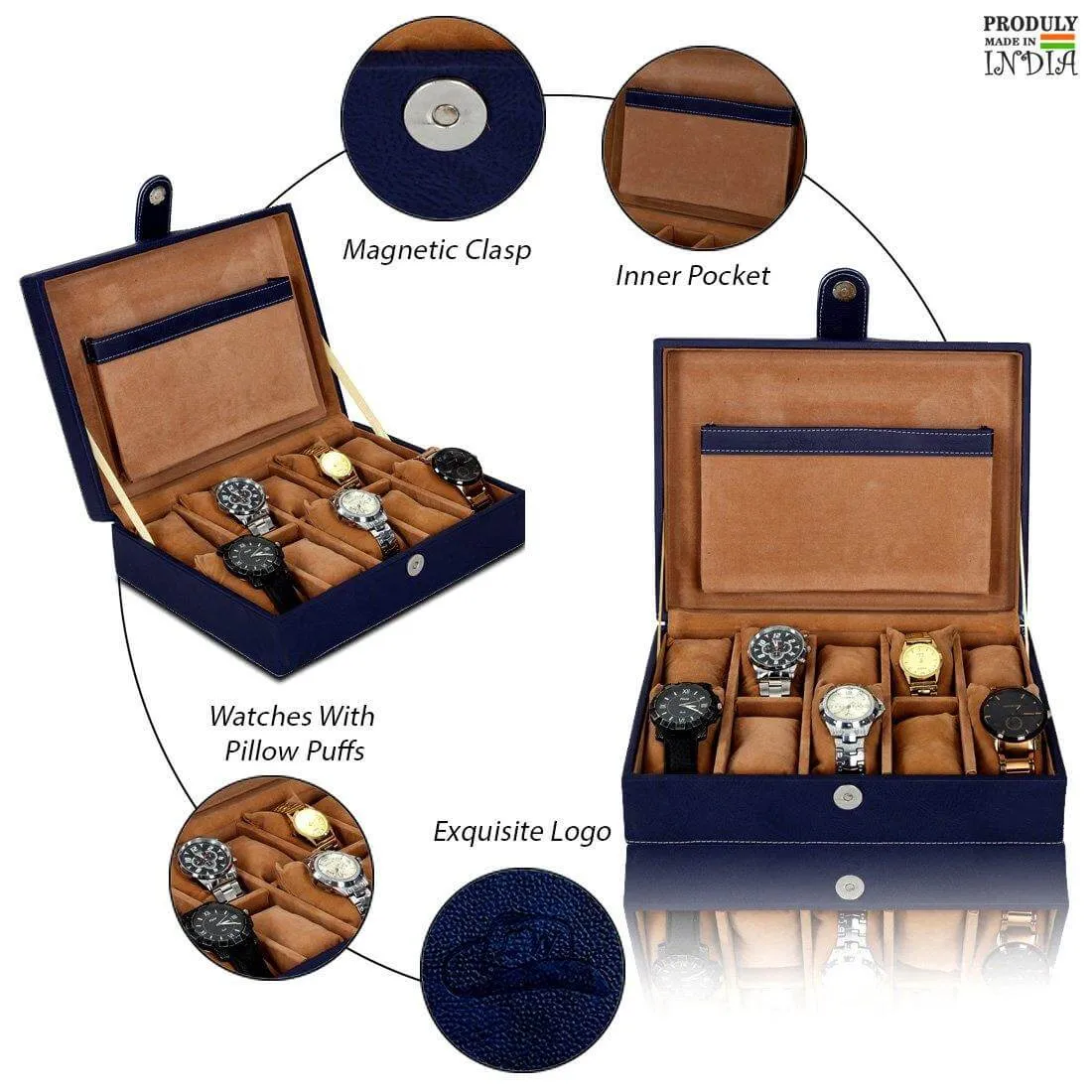 10 Slots Elegant Watch Organizer Box With Plain PU Leather Finish