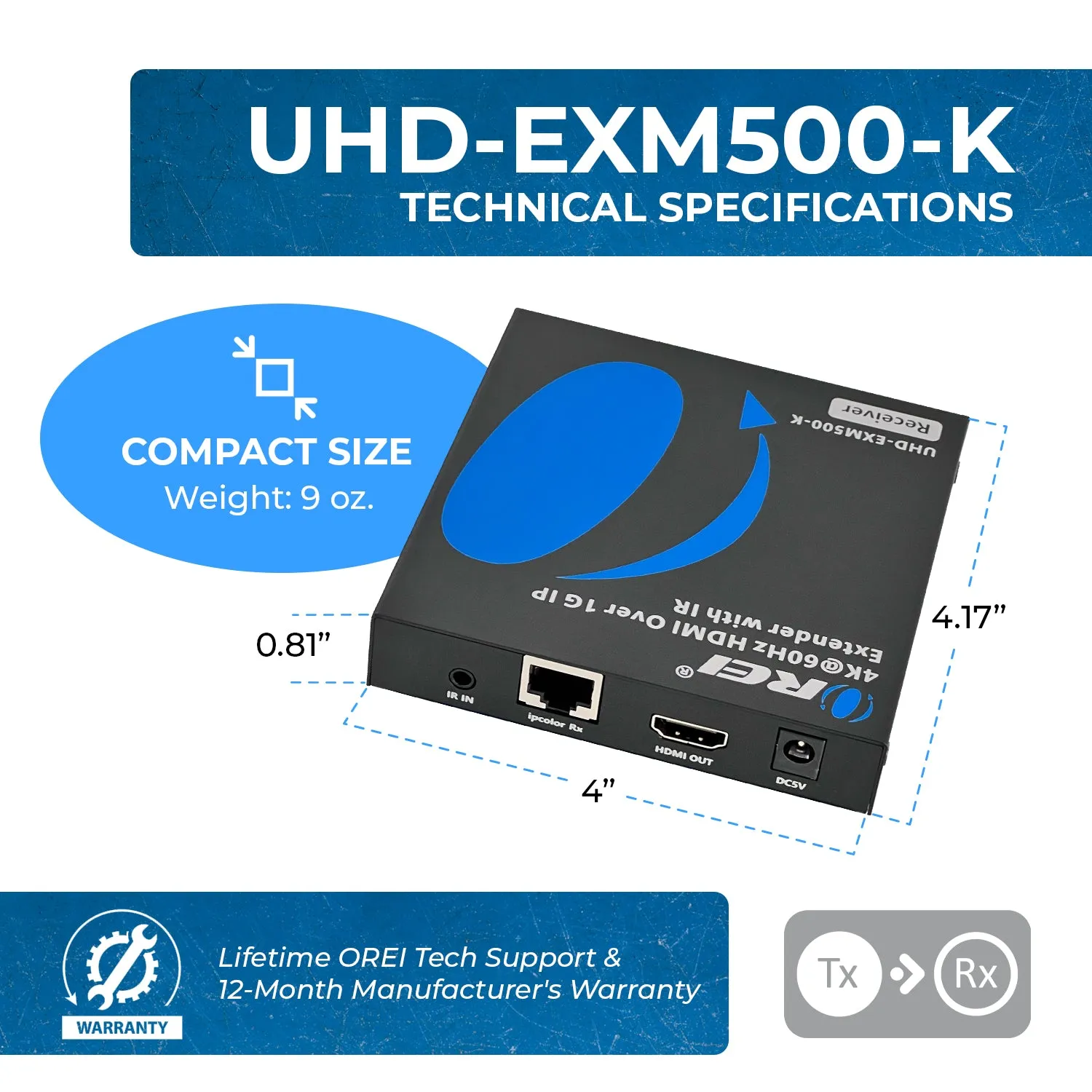 4K HDMI Extender Over Cat6/7 Cable Upto 500 Ft - - IR & RS-232 (UHD-EXM500-K)