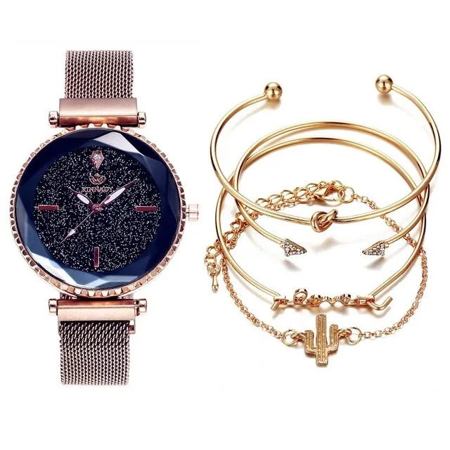 5pc/set Luxury Brand Women Watches Starry Sky Magnet Watch Buckle Fashion Casual Female Wristwatch Roman Numeral Simple Bracelet