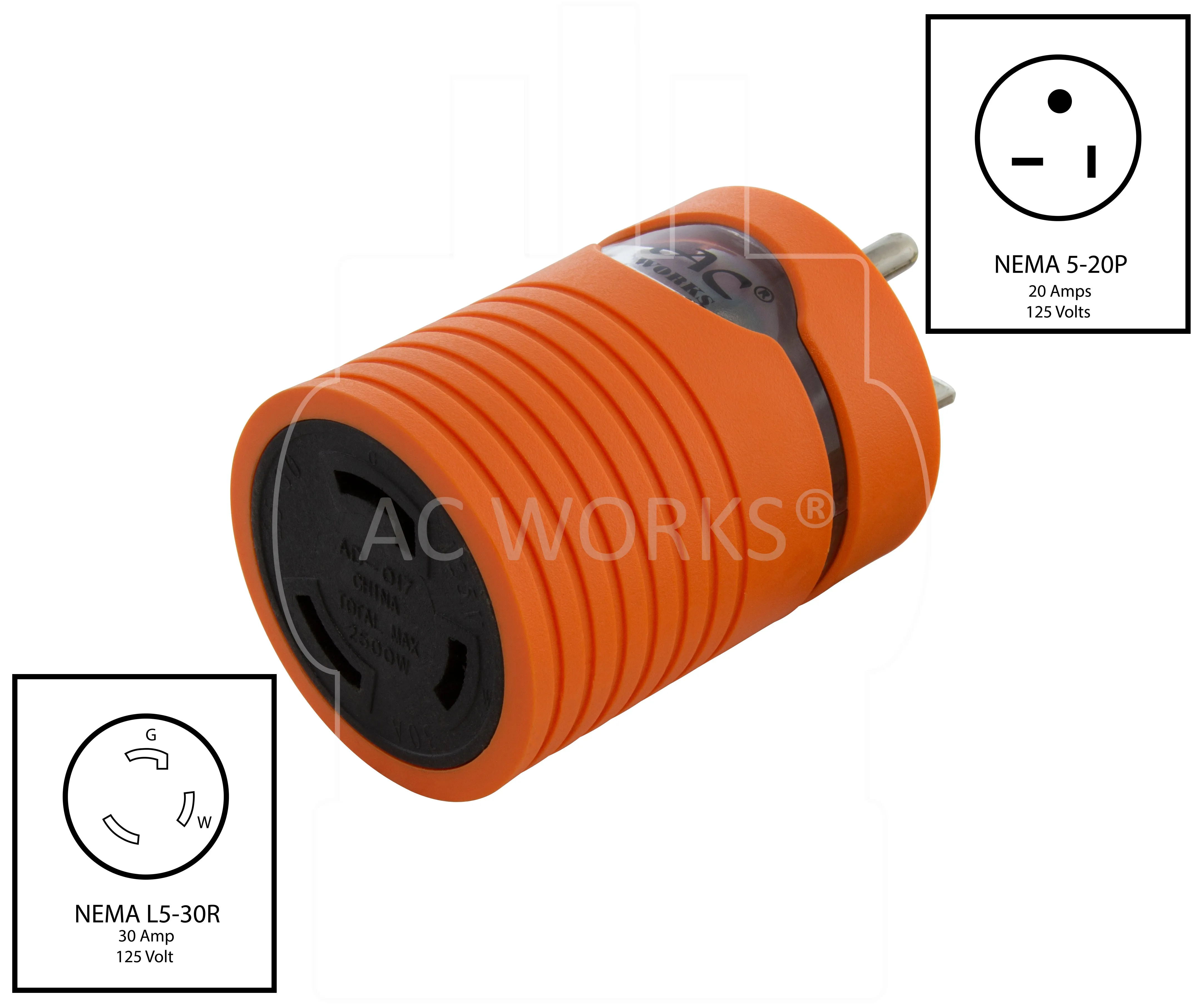 AC WORKS® [AD520L530] NEMA 5-20P 20A Plug to Locking L5-30R 3-Prong 30A 125V Adapter with cCSAus approval