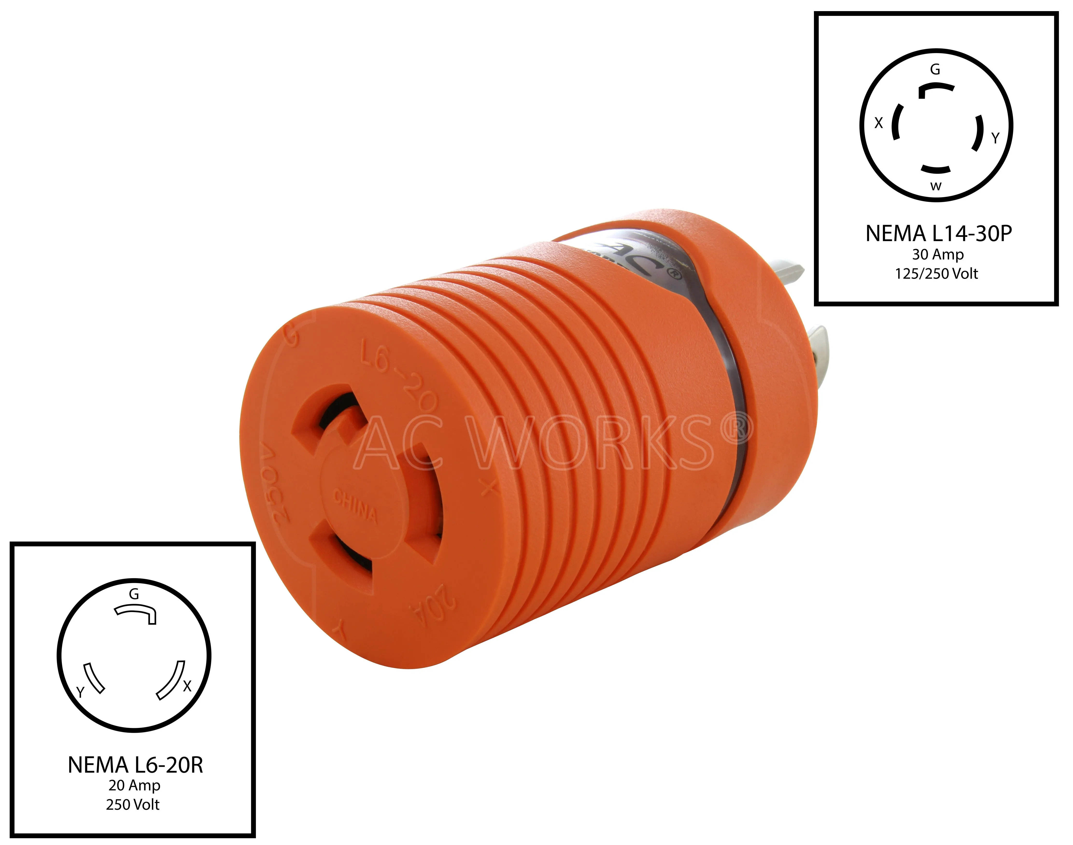 AC WORKS® [ADL1430L620] 30A 125/250V NEMA L14-30P Locking Plug to L6-20R 20A 250V Locking Connector