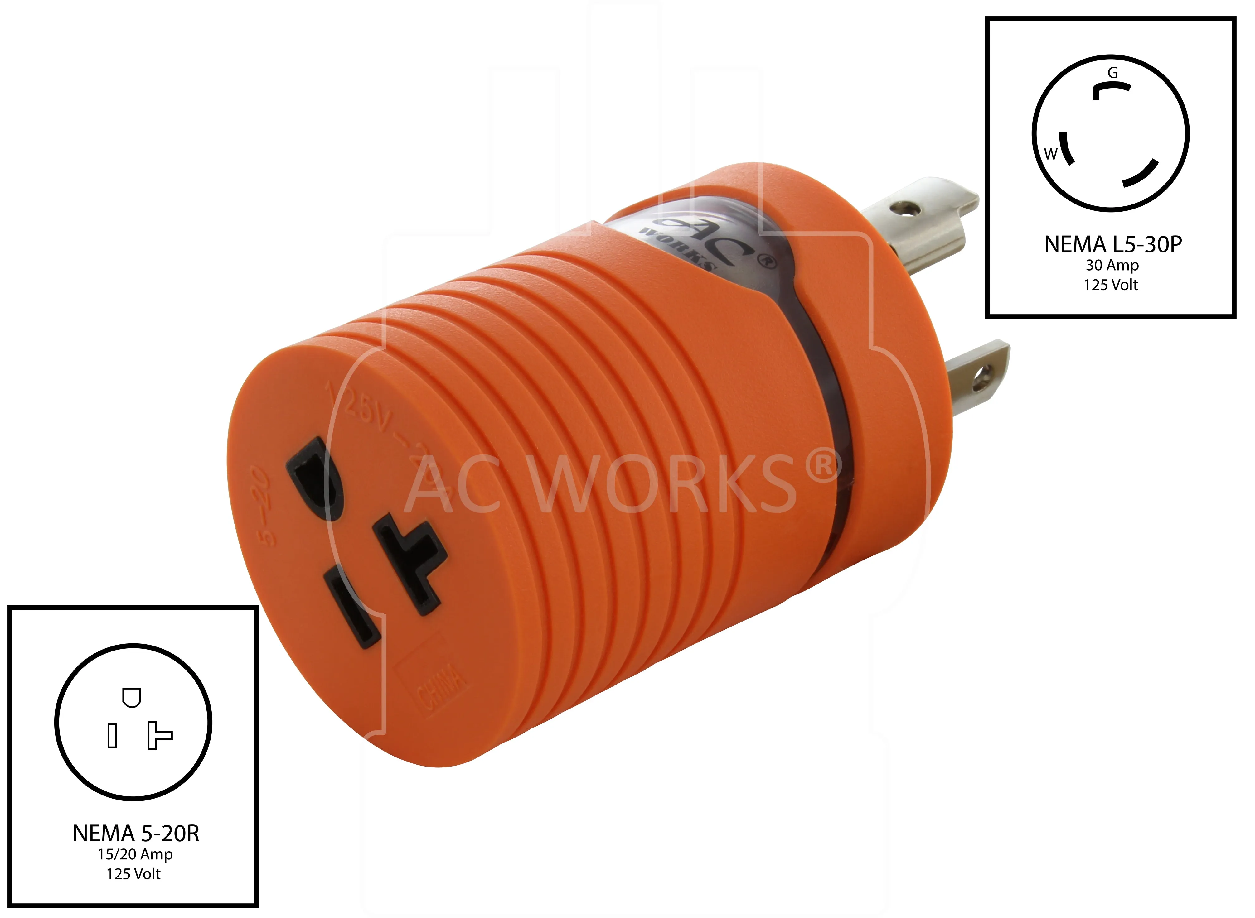 AC WORKS® [ADL530520] Adapter L5-30P 30A 125V Plug to 5-15/20R 15/20A Household T-Blade Connector with cCSAus Approval