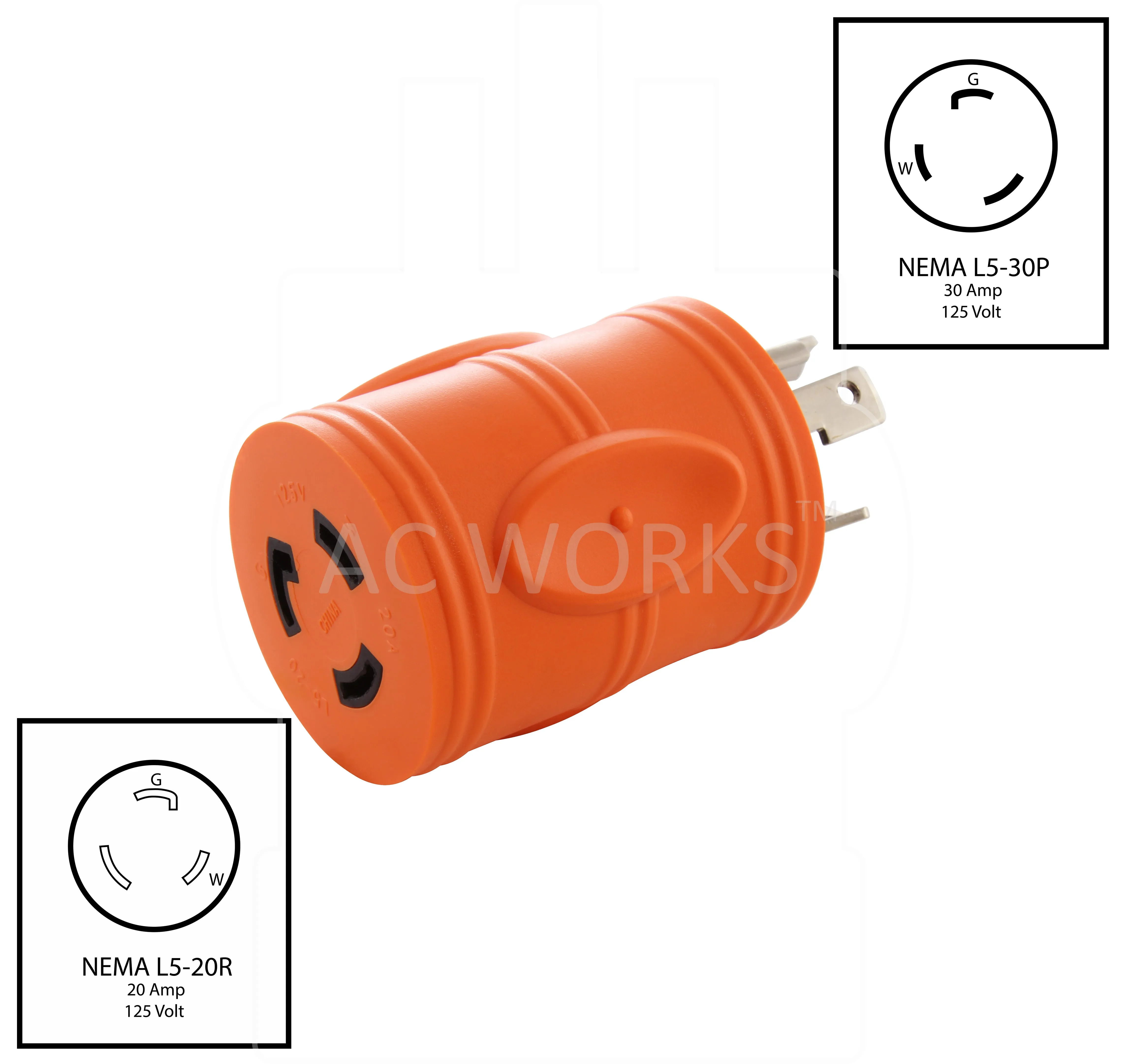 AC WORKS® [ADL530L520] Locking Adapter L5-30P 30A 125V Locking Plug - L5-20R 20Amp 3-Prong Connector