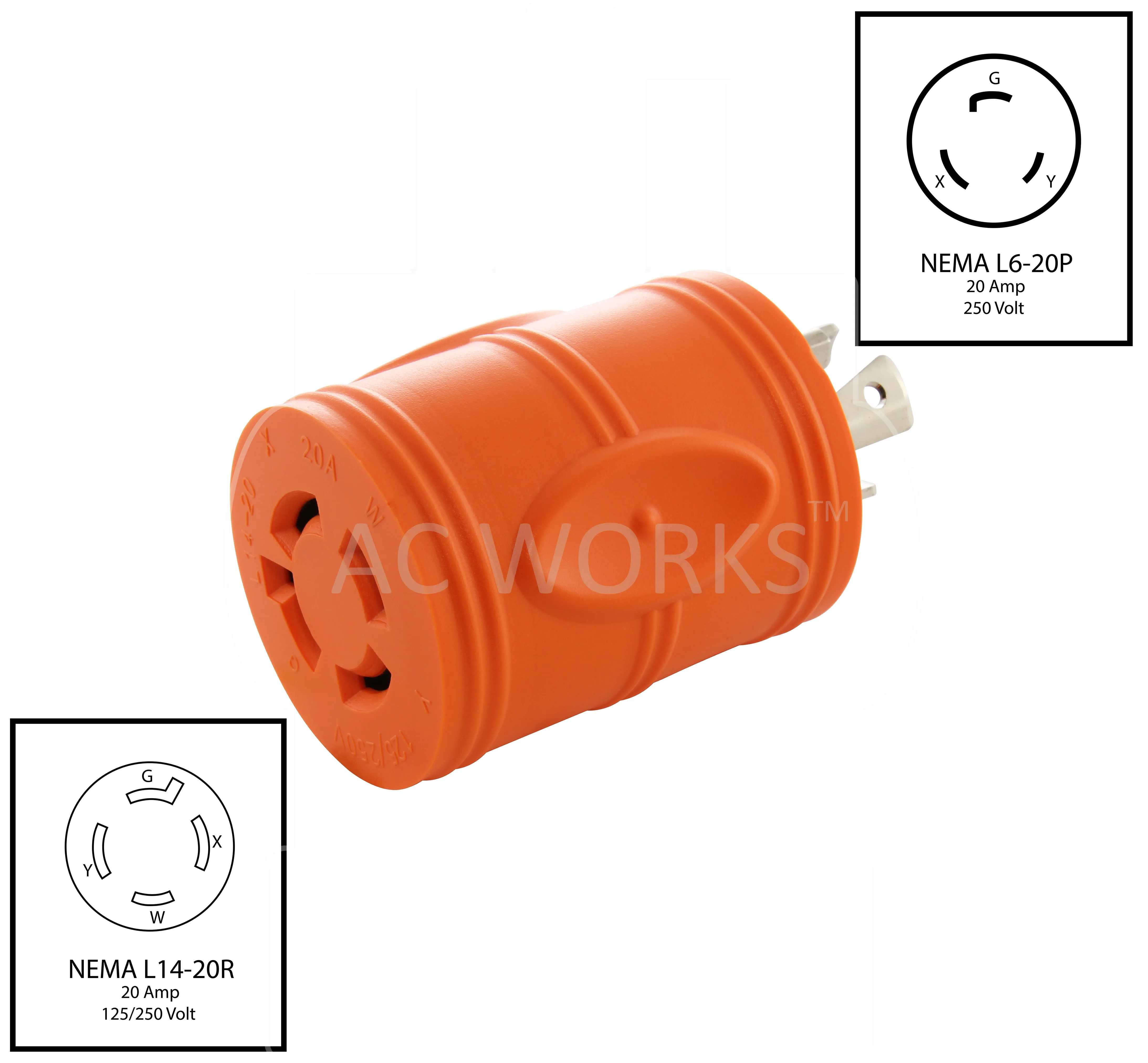 AC WORKS® [ADL620L1420] Adapter L6-20P 20A 250V Locking Plug to 4-Prong 20A L14-20R Connector