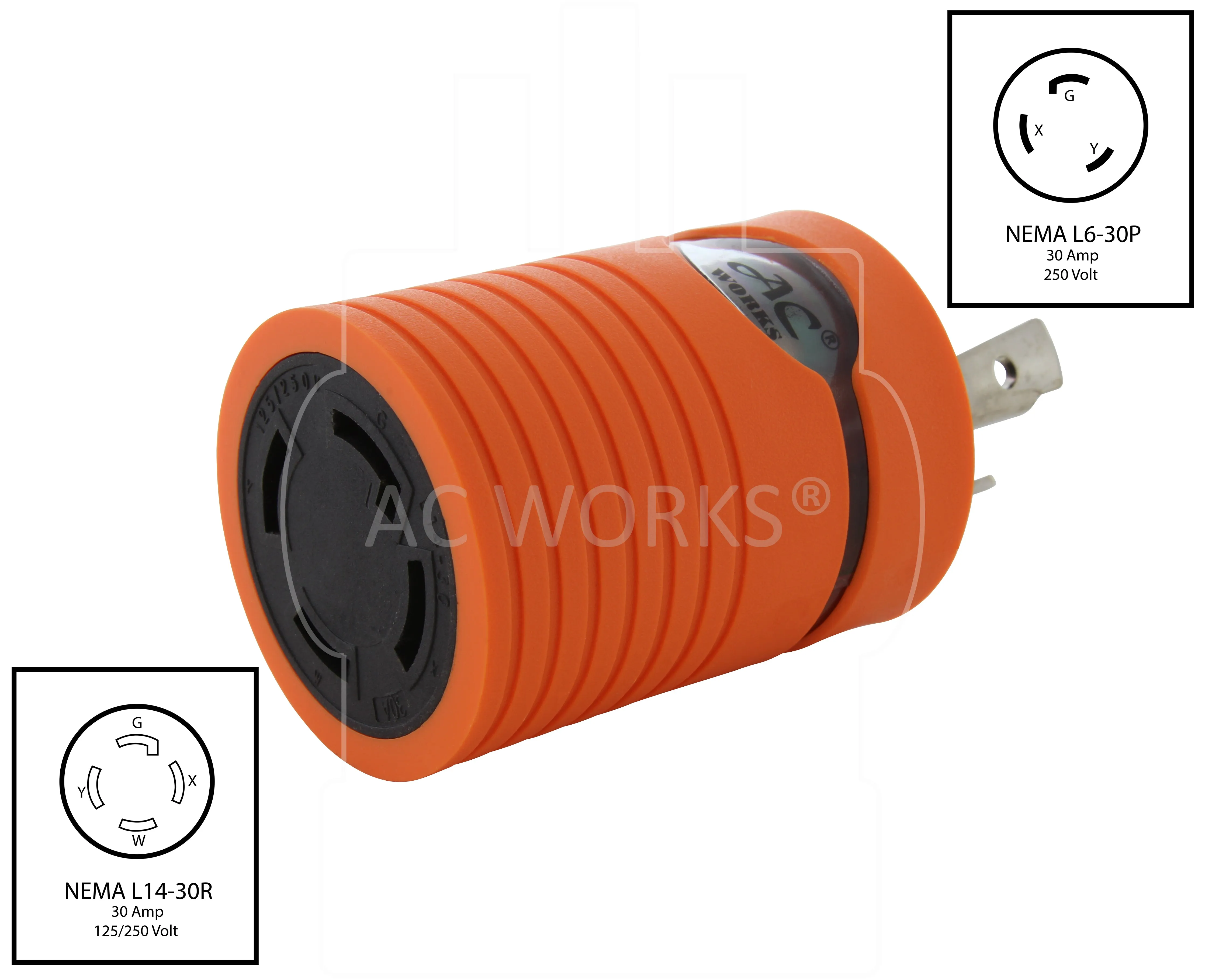 AC WORKS® [ADL630L1430] Locking Adapter L6-30P 30A 250V Locking Plug to 4-Prong 30A L14-30R