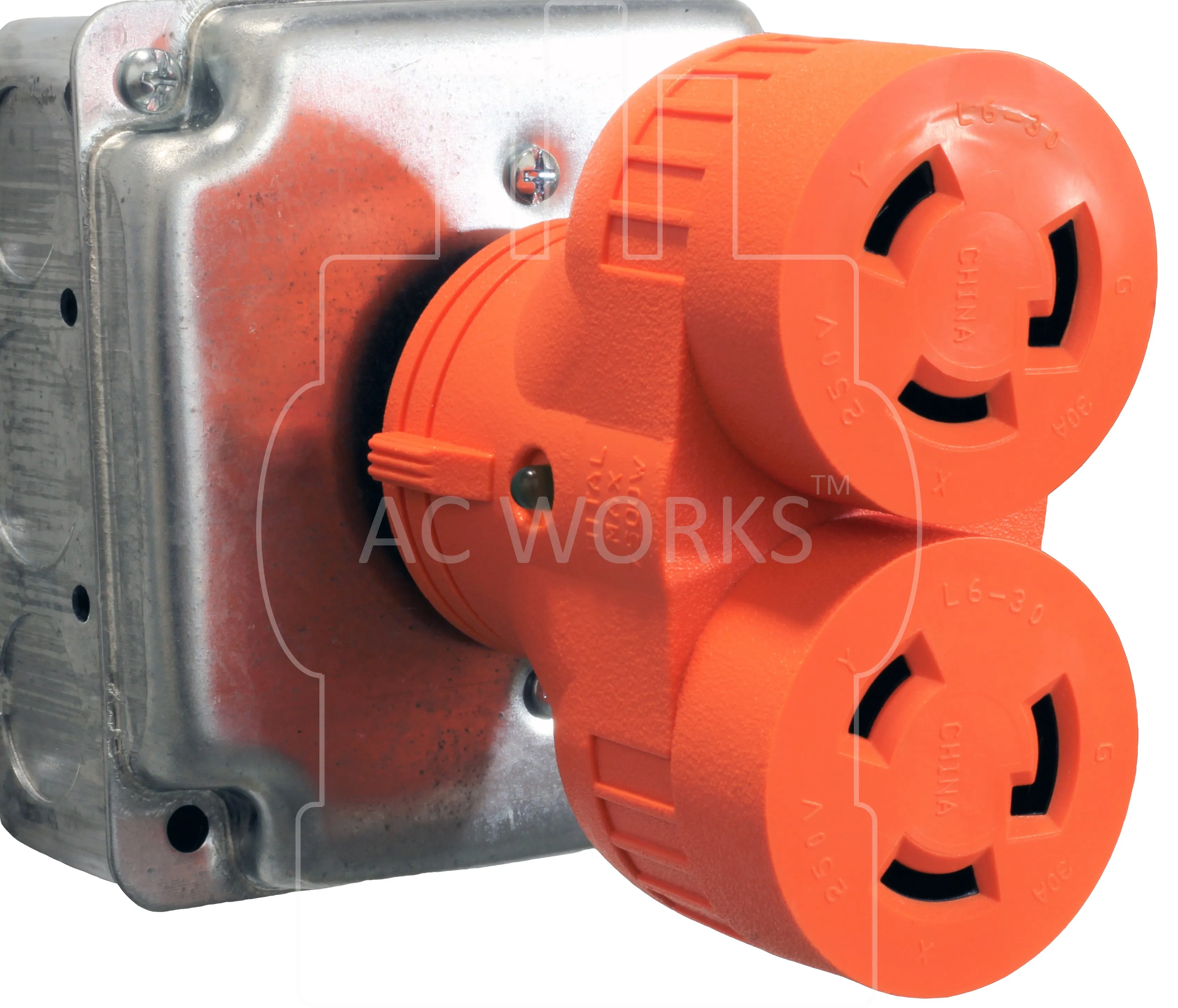 AC WORKS® V-DUO [ADVL630L630] Adapter L6-30P 30A 250V 3-Prong Locking Plug to (2) Connectors