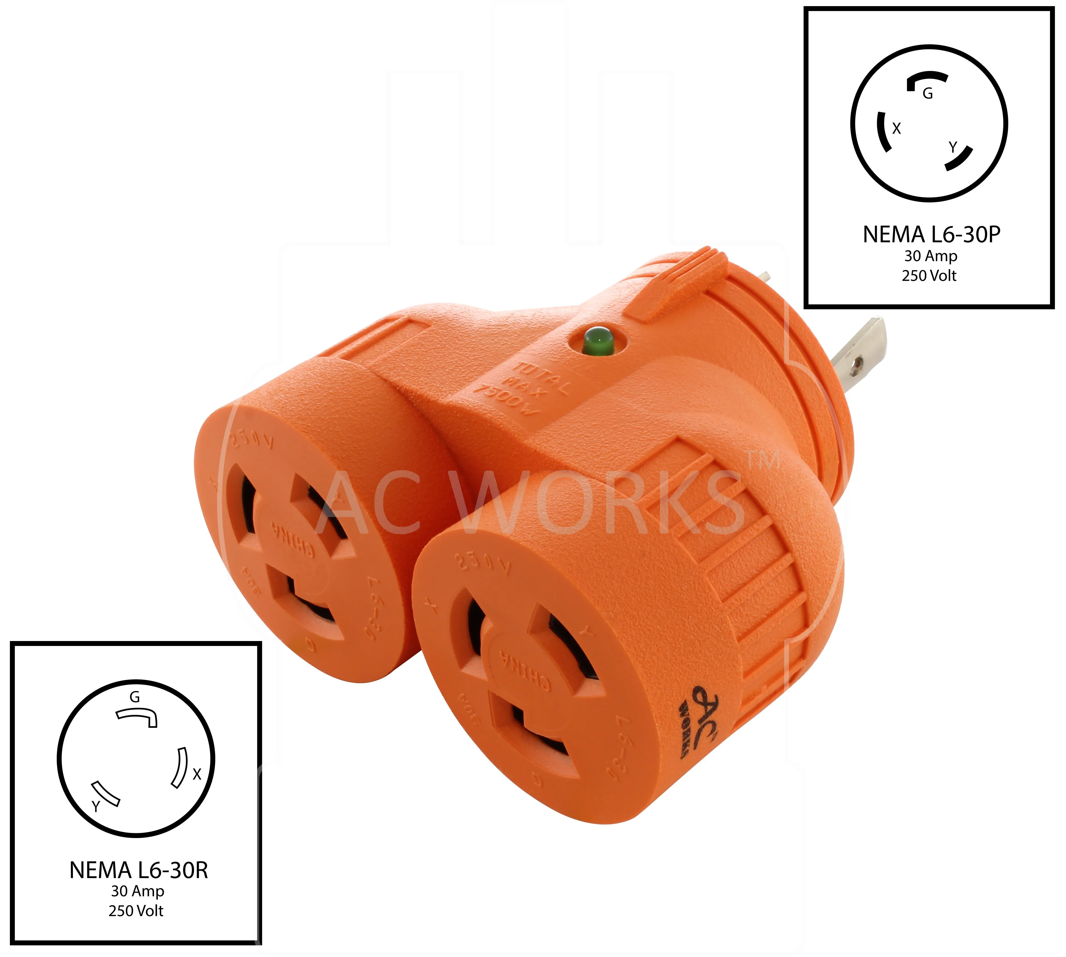 AC WORKS® V-DUO [ADVL630L630] Adapter L6-30P 30A 250V 3-Prong Locking Plug to (2) Connectors