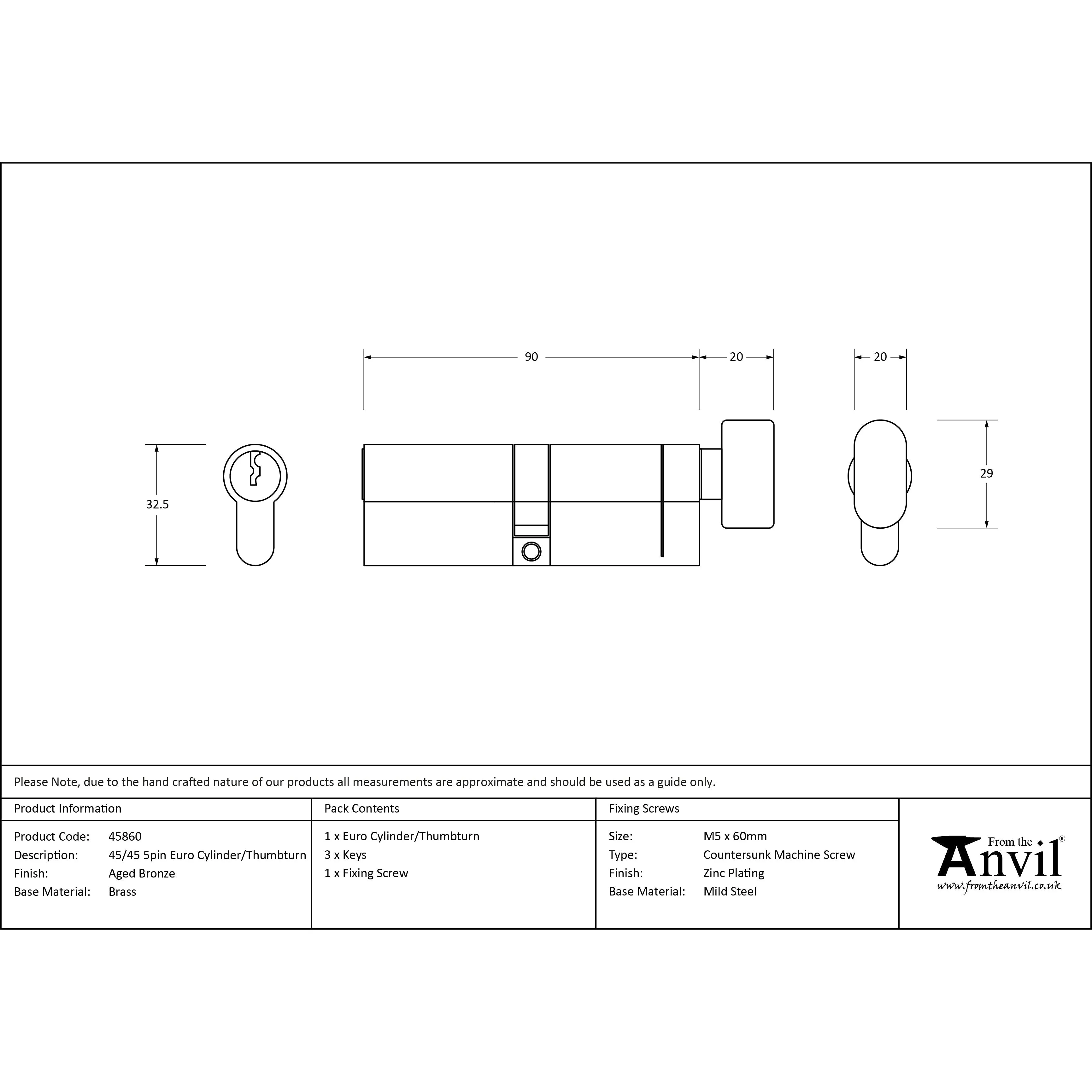 Aged Bronze 45/45 5pin Euro Cylinder/Thumbturn | From The Anvil