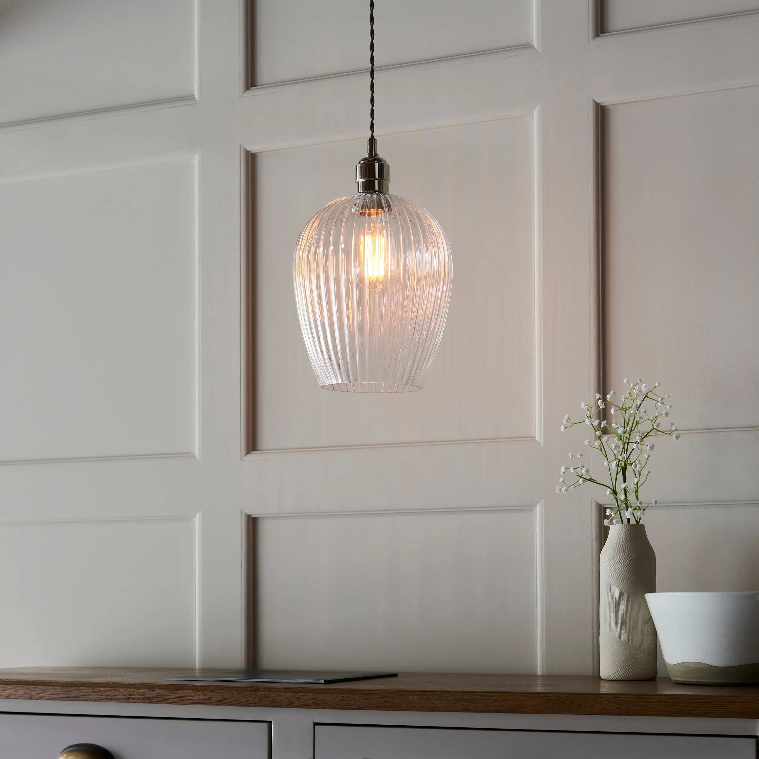 Amos Lucid Pendant Polished Nickel Ribbed Glass