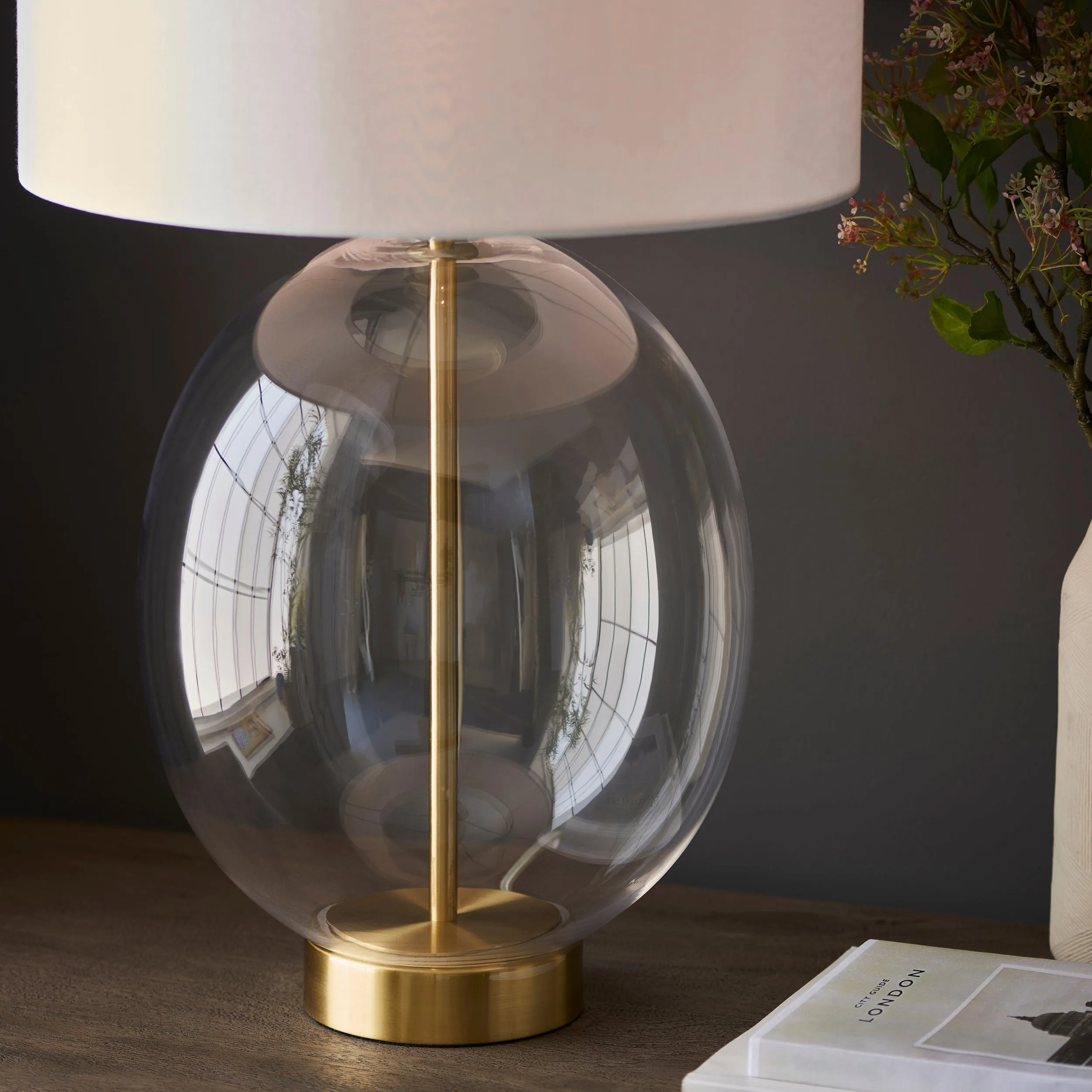 Amos Ovate Table Lamp Satin Brass with White Shade