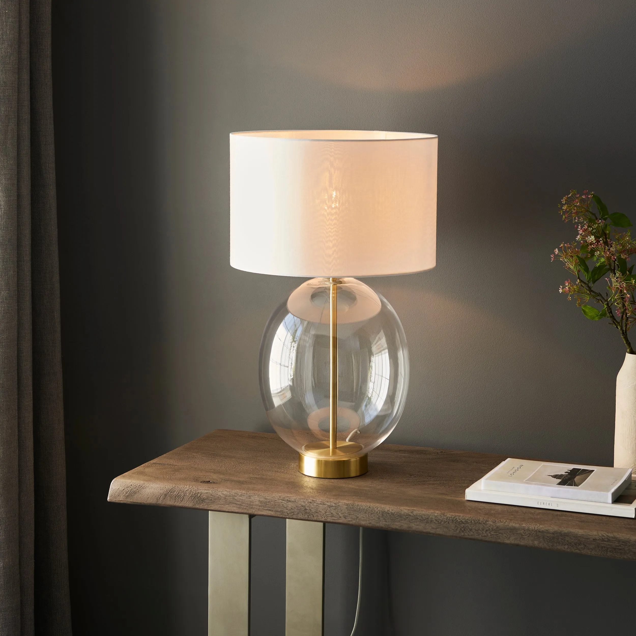 Amos Ovate Table Lamp Satin Brass with White Shade