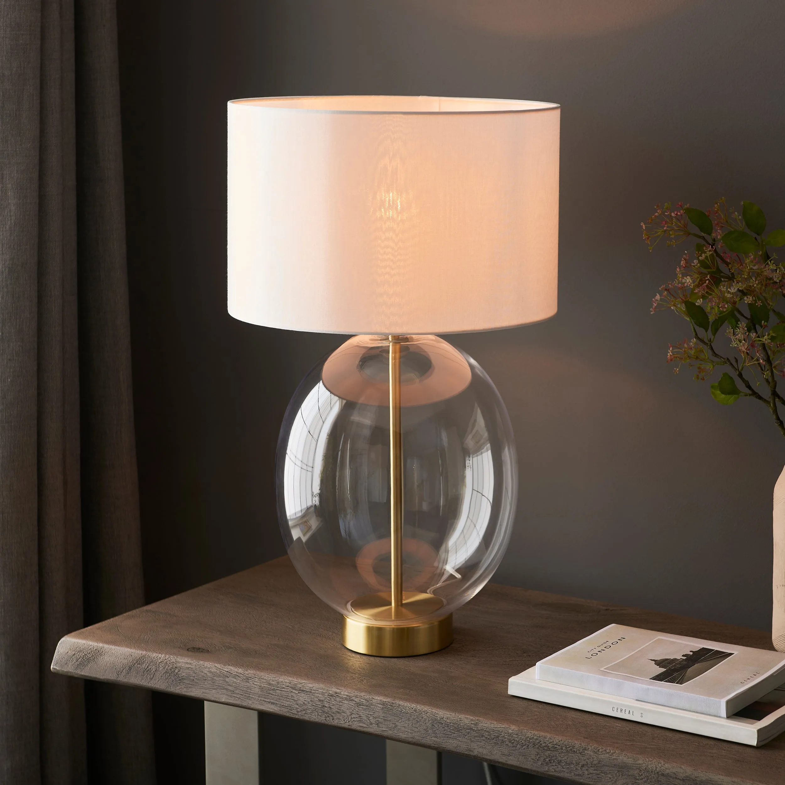 Amos Ovate Table Lamp Satin Brass with White Shade