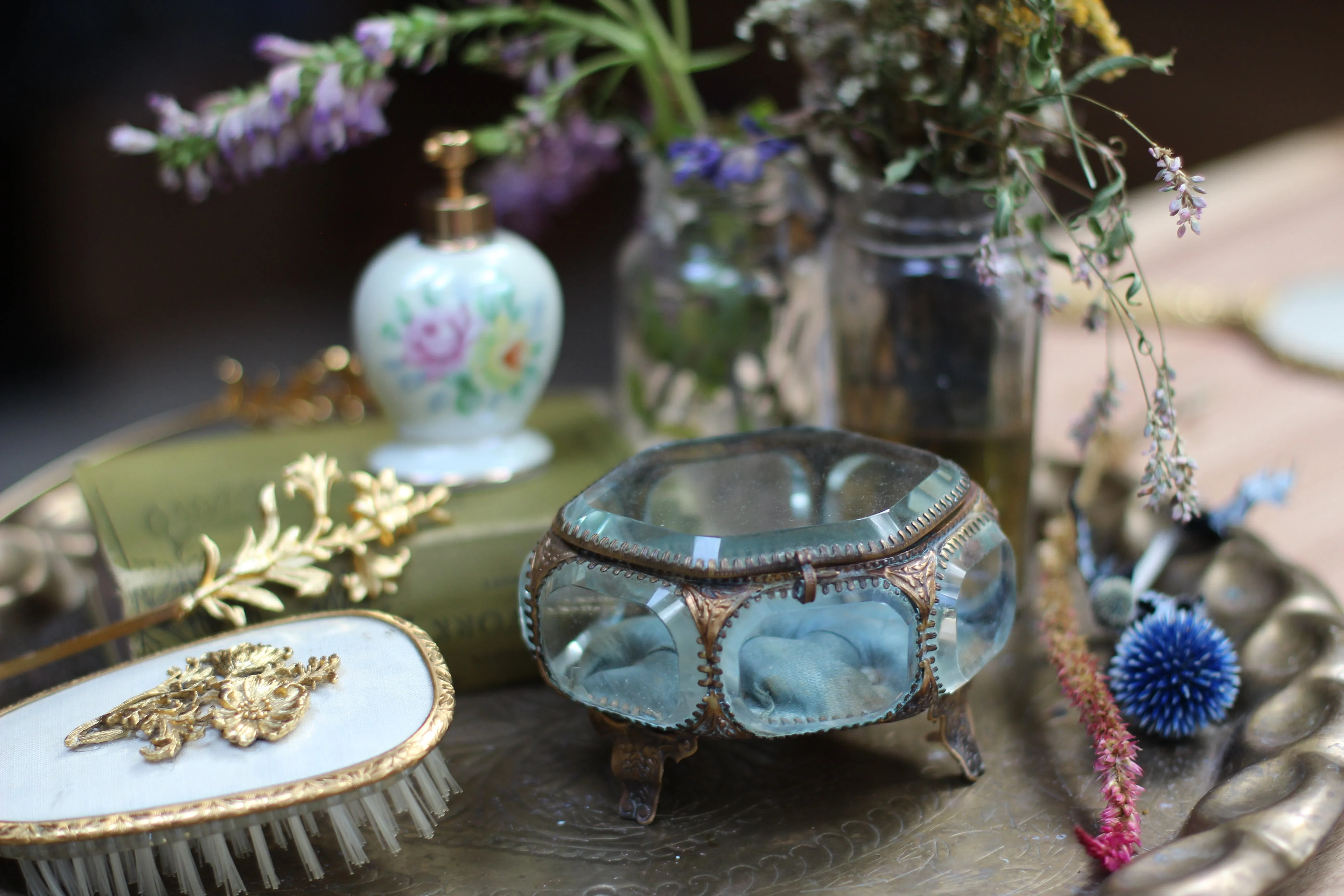 Antique French Victorian blue tuft Jewelry Box