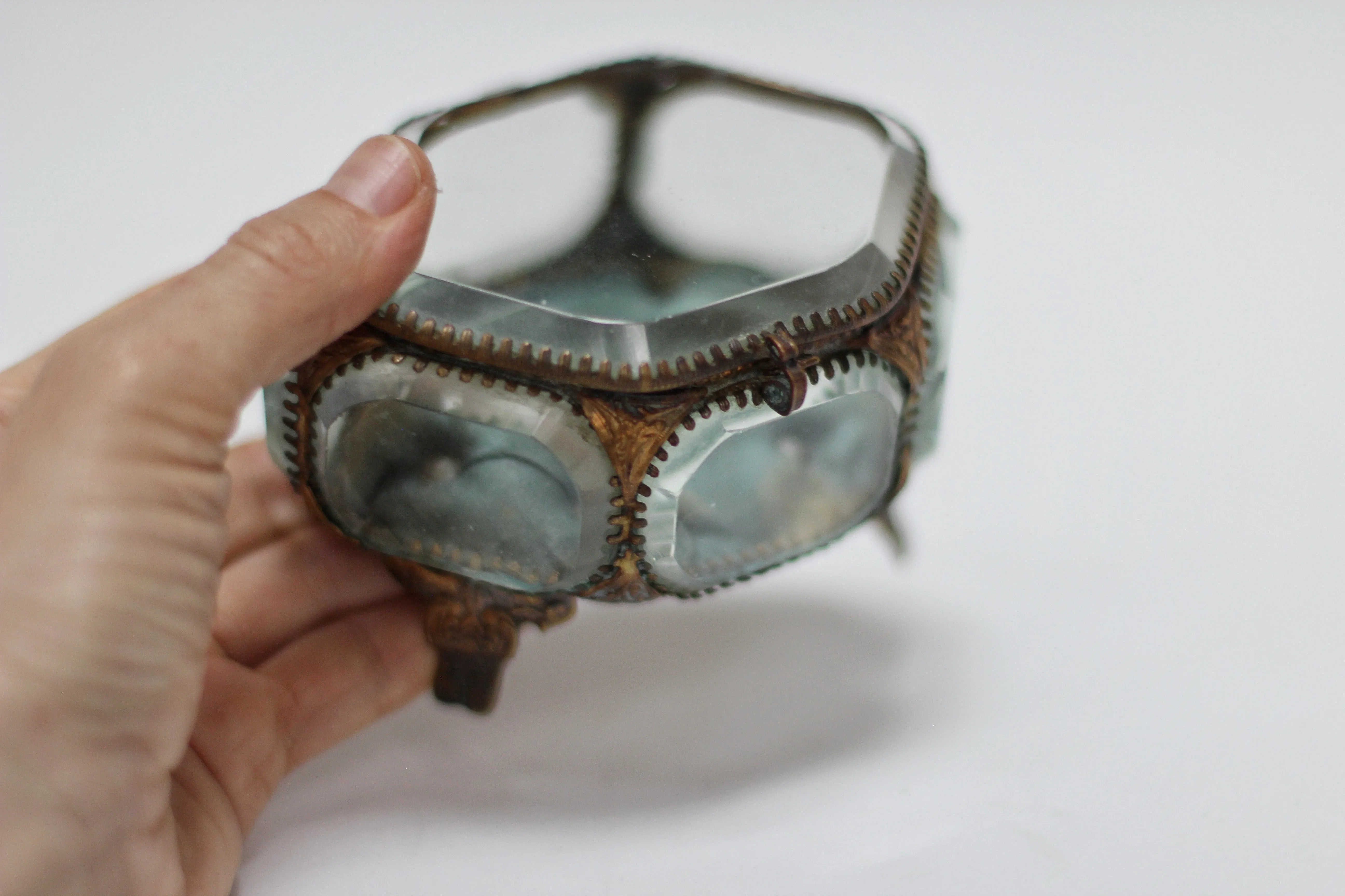 Antique French Victorian blue tuft Jewelry Box