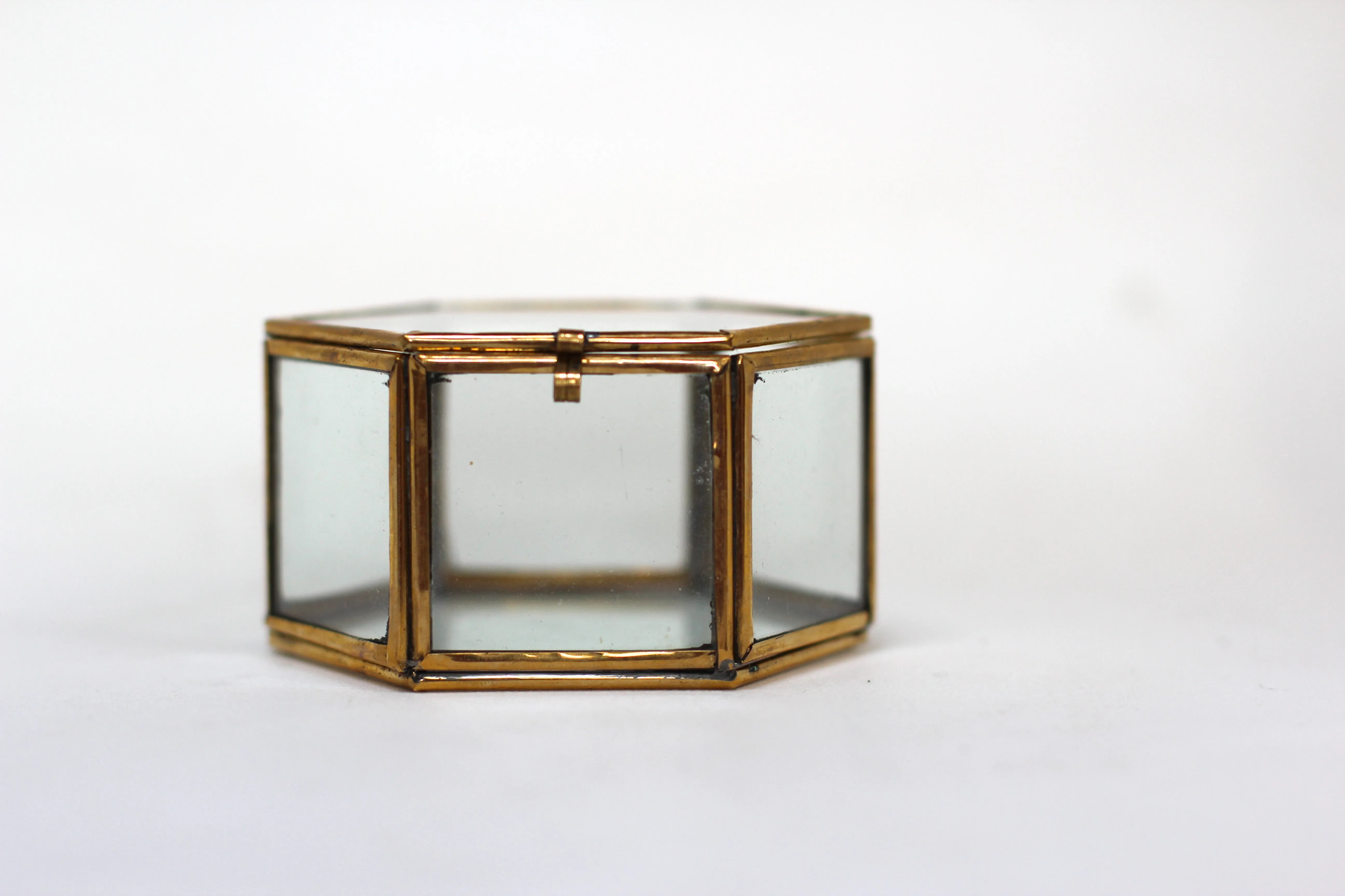 Antique Hextagon Brass Glass Jewelry Box #108