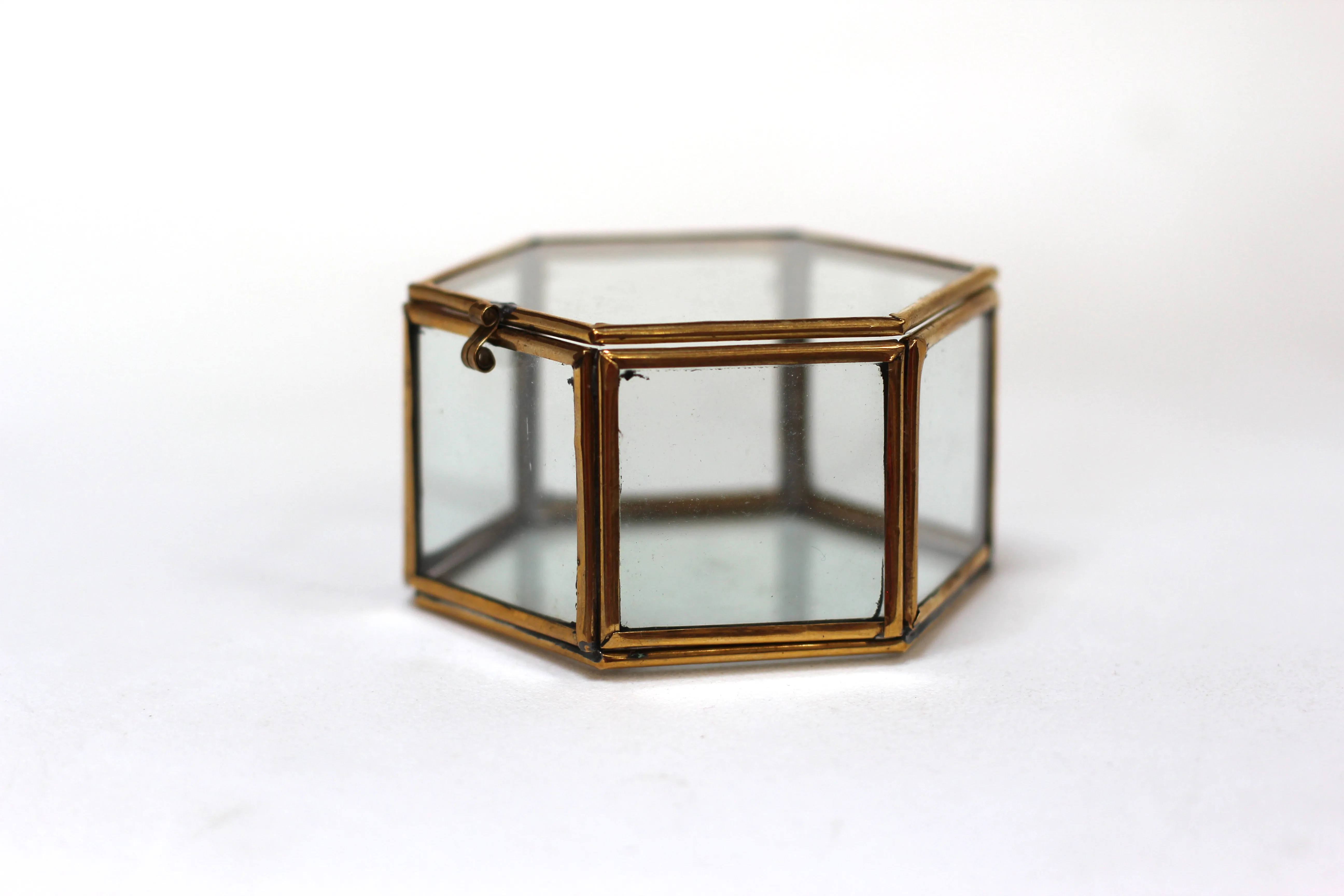 Antique Hextagon Brass Glass Jewelry Box #108