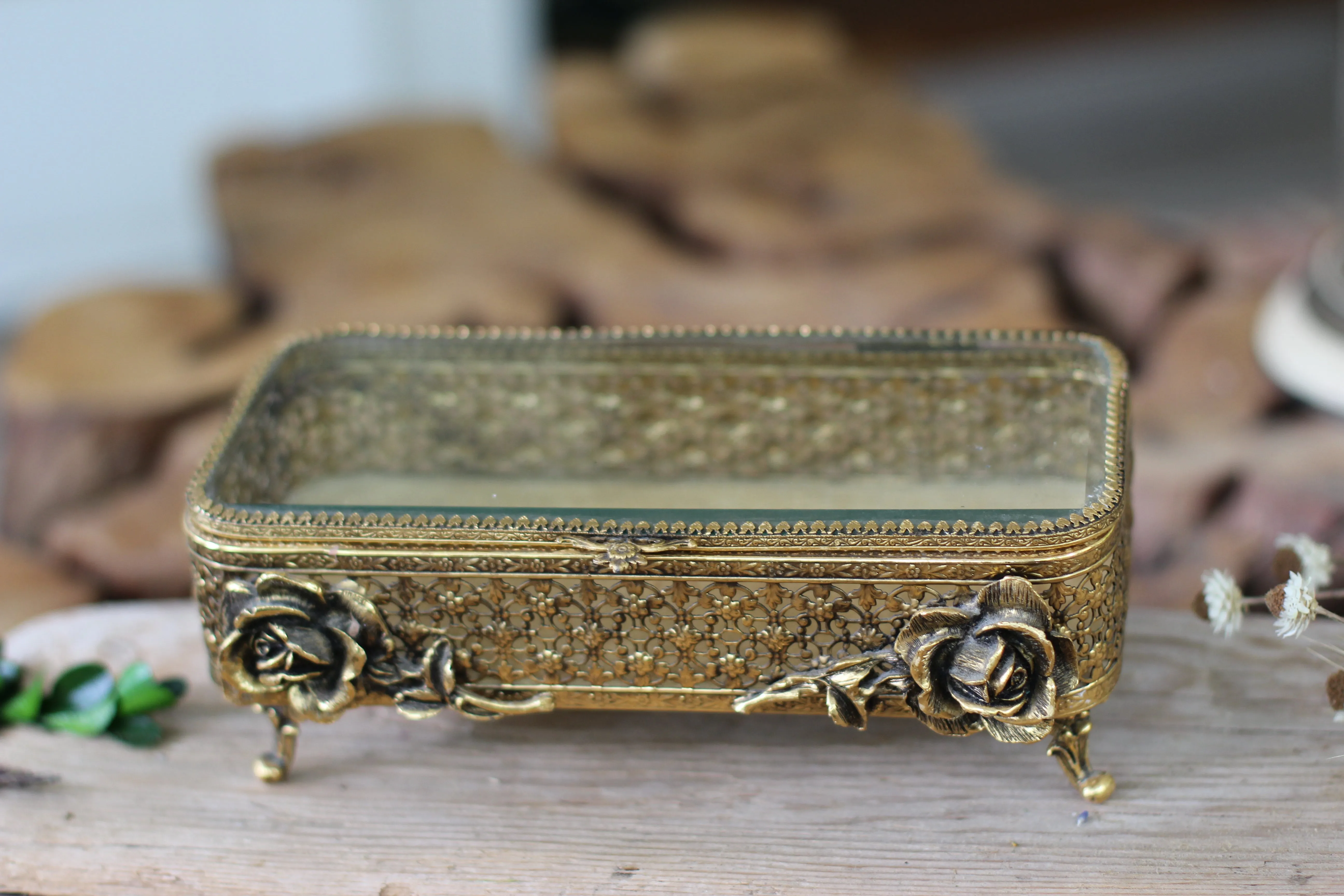 Antique Large Floral Beveled Glass Jewelry Box