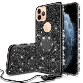 Apple iPhone 12 mini Case, Glitter Cute Phone Case Girls with Kickstand,Bling Diamond Rhinestone Bumper Ring Stand Sparkly Luxury Clear Thin Soft Protective Apple iPhone 12 mini Case for Girl Women - Black