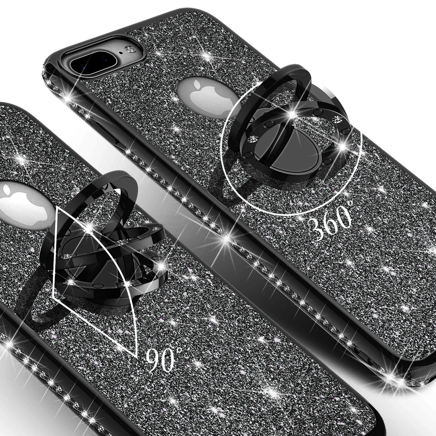 Apple iPhone 8 Plus Case, Glitter Cute Phone Case Girls with Kickstand,Bling Diamond Rhinestone Bumper Ring Stand Sparkly Luxury Clear Thin Soft Protective Apple iPhone 8 Plus Case for Girl Women - Black