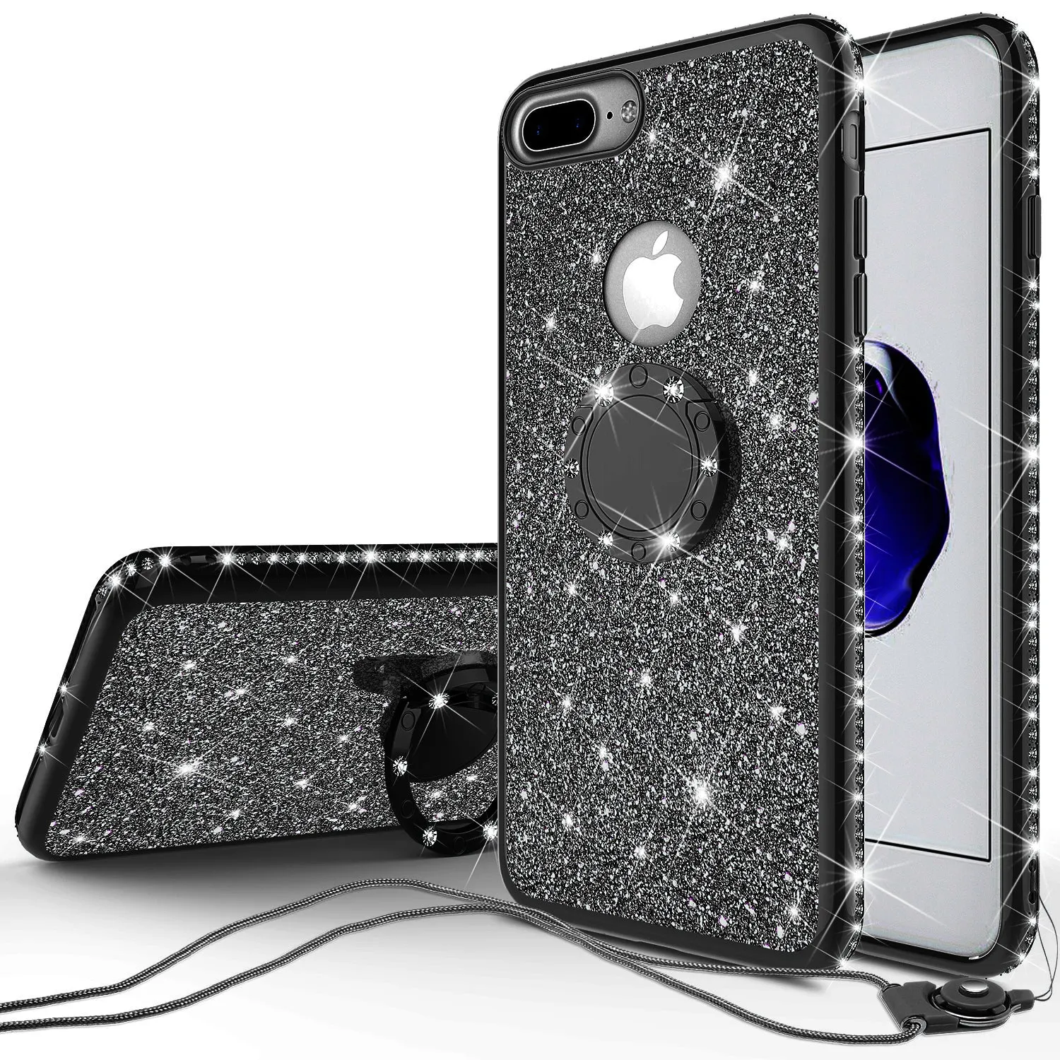 Apple iPhone 8 Plus Case, Glitter Cute Phone Case Girls with Kickstand,Bling Diamond Rhinestone Bumper Ring Stand Sparkly Luxury Clear Thin Soft Protective Apple iPhone 8 Plus Case for Girl Women - Black