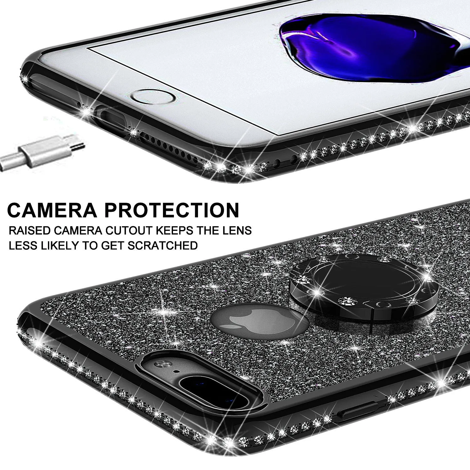 Apple iPhone 8 Plus Case, Glitter Cute Phone Case Girls with Kickstand,Bling Diamond Rhinestone Bumper Ring Stand Sparkly Luxury Clear Thin Soft Protective Apple iPhone 8 Plus Case for Girl Women - Black