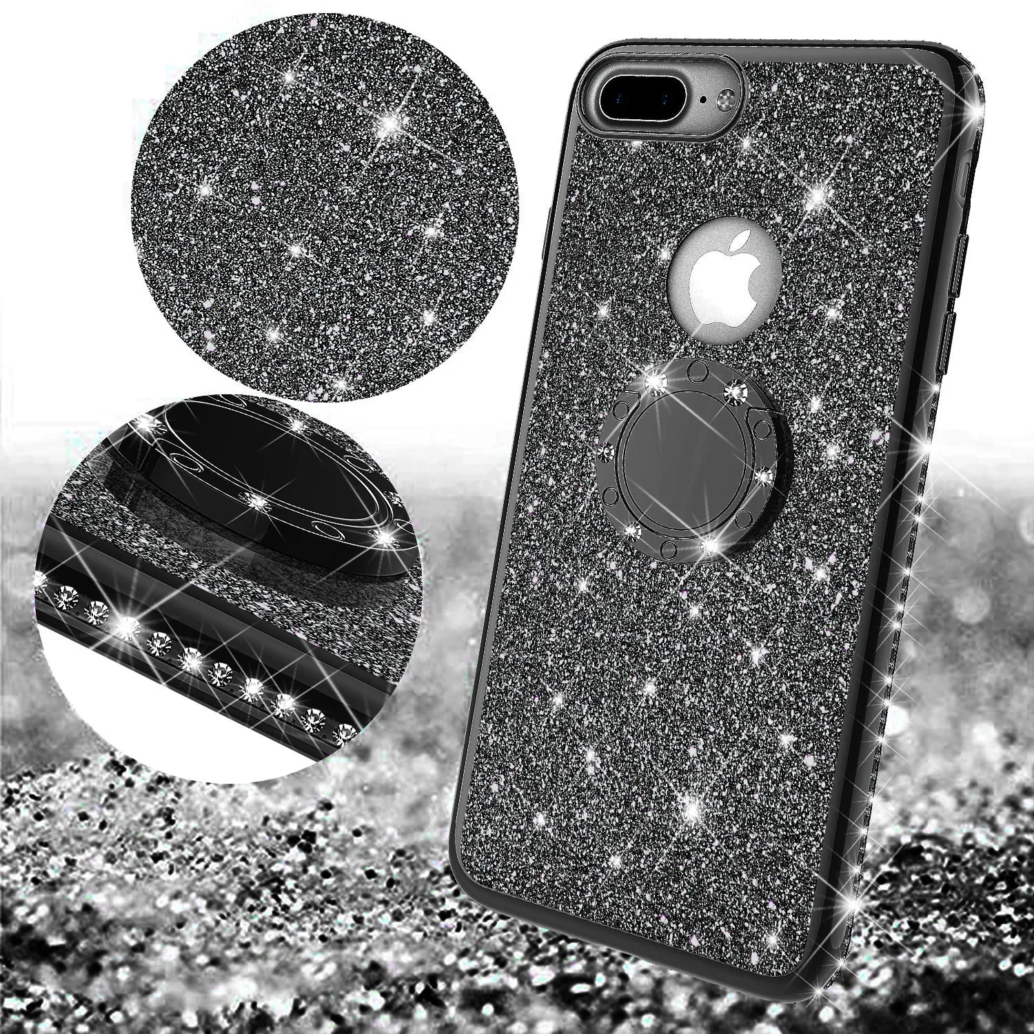 Apple iPhone 8 Plus Case, Glitter Cute Phone Case Girls with Kickstand,Bling Diamond Rhinestone Bumper Ring Stand Sparkly Luxury Clear Thin Soft Protective Apple iPhone 8 Plus Case for Girl Women - Black