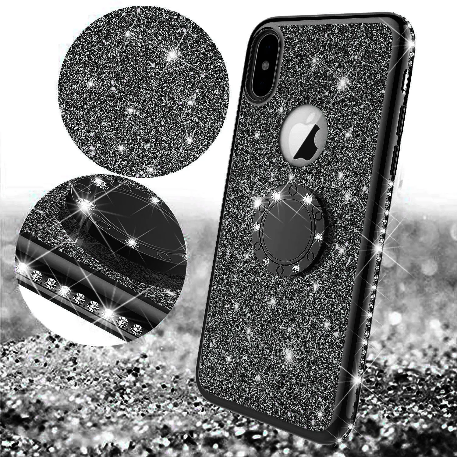 Apple iPhone X , iPhone Ten Case, Glitter Cute Phone Case Girls with Kickstand,Bling Diamond Rhinestone Bumper Ring Stand Sparkly Luxury Clear Thin Soft Protective Apple iPhone X Case for Girl Women - Black