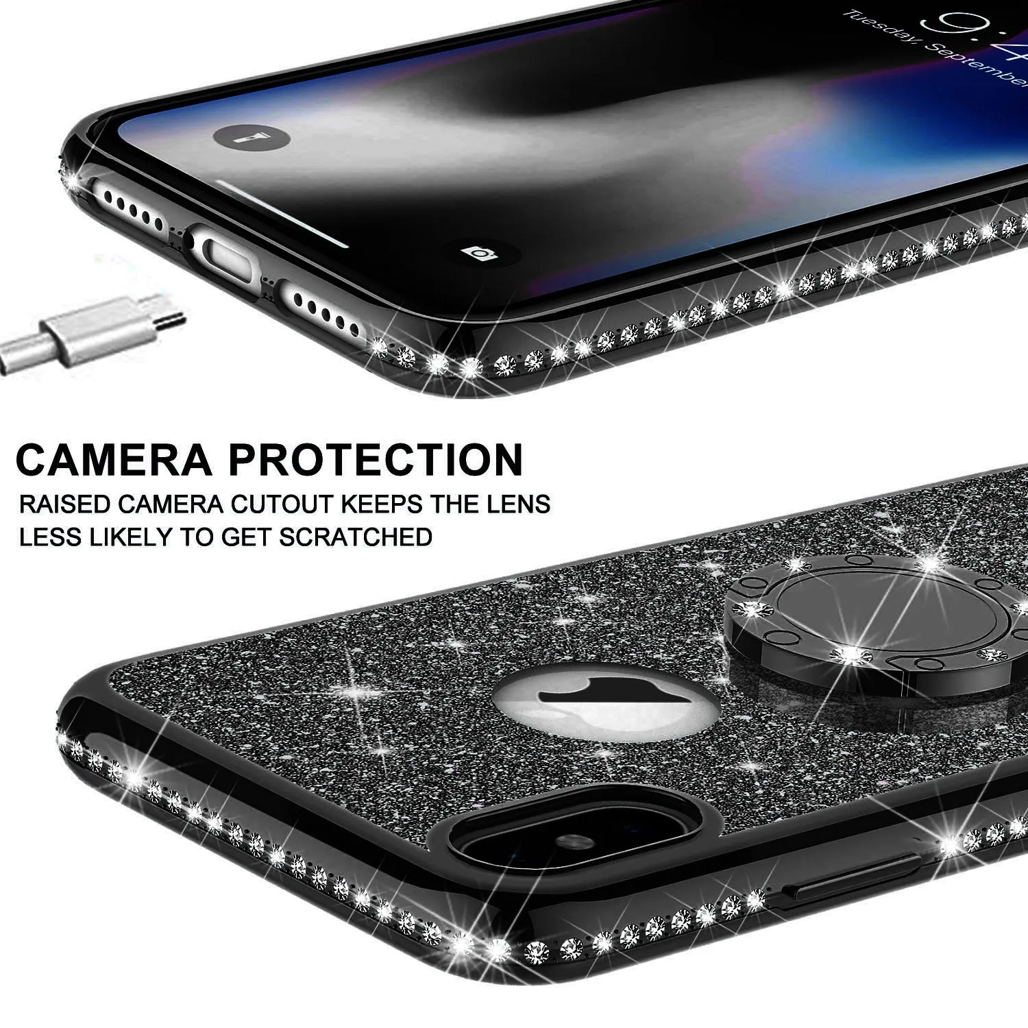 Apple iPhone X , iPhone Ten Case, Glitter Cute Phone Case Girls with Kickstand,Bling Diamond Rhinestone Bumper Ring Stand Sparkly Luxury Clear Thin Soft Protective Apple iPhone X Case for Girl Women - Black