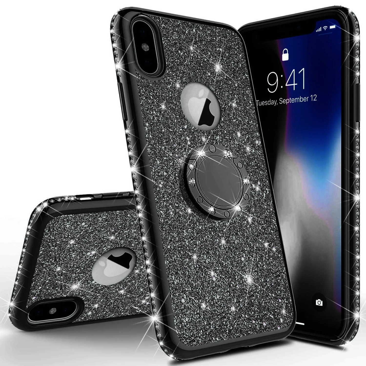 Apple iPhone X , iPhone Ten Case, Glitter Cute Phone Case Girls with Kickstand,Bling Diamond Rhinestone Bumper Ring Stand Sparkly Luxury Clear Thin Soft Protective Apple iPhone X Case for Girl Women - Black