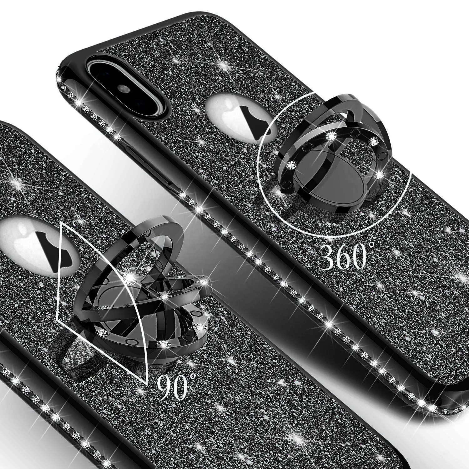 Apple iPhone X , iPhone Ten Case, Glitter Cute Phone Case Girls with Kickstand,Bling Diamond Rhinestone Bumper Ring Stand Sparkly Luxury Clear Thin Soft Protective Apple iPhone X Case for Girl Women - Black