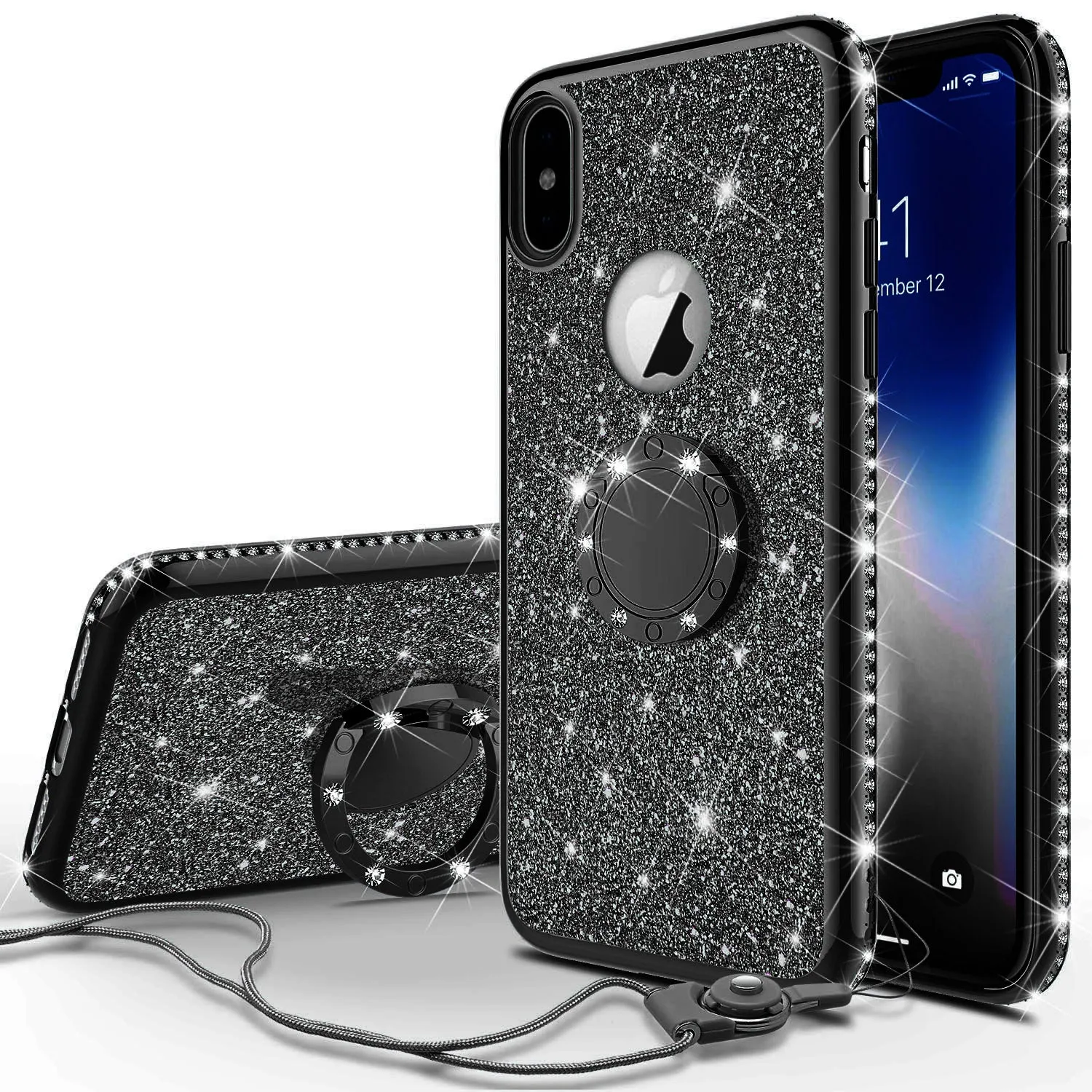 Apple iPhone X , iPhone Ten Case, Glitter Cute Phone Case Girls with Kickstand,Bling Diamond Rhinestone Bumper Ring Stand Sparkly Luxury Clear Thin Soft Protective Apple iPhone X Case for Girl Women - Black