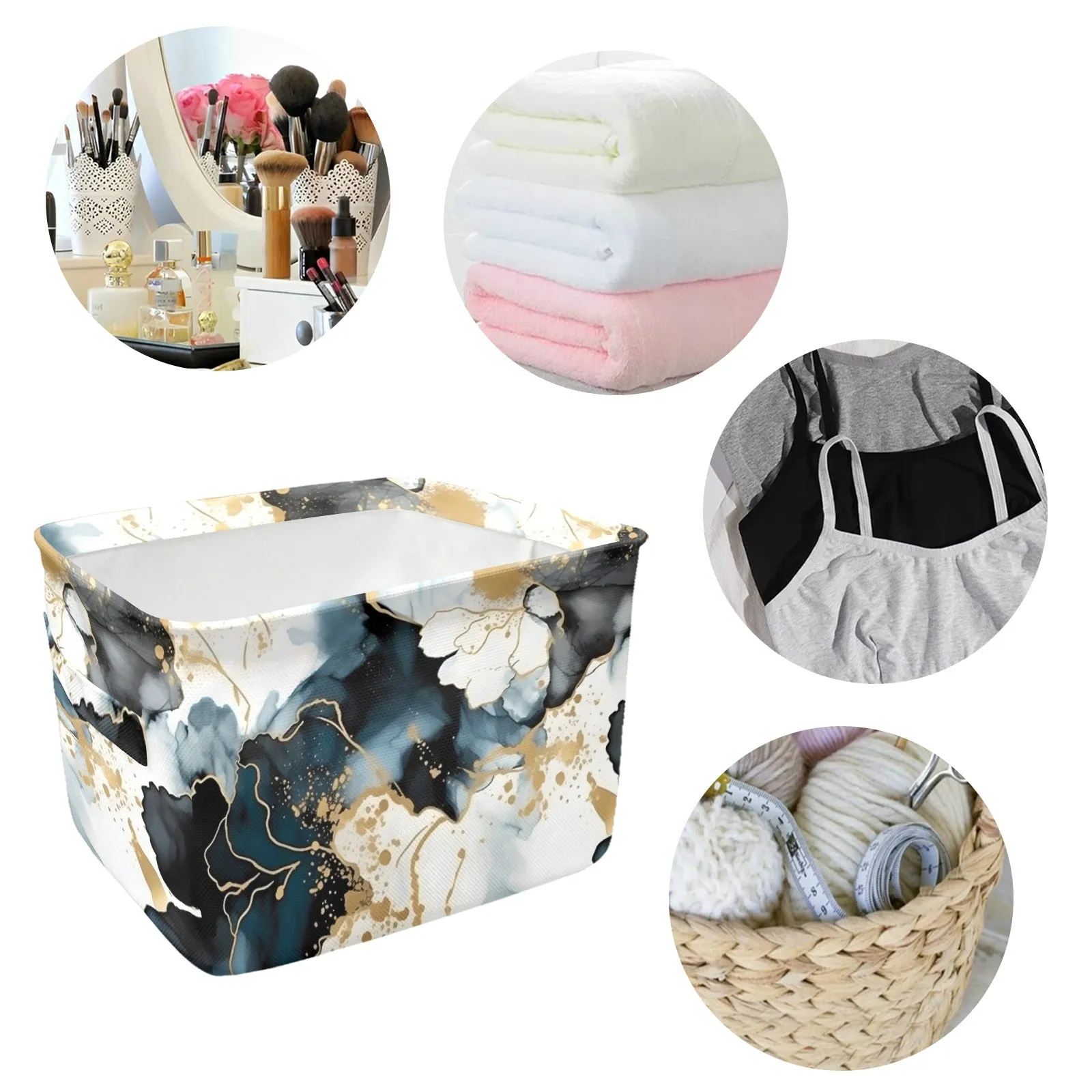 Black Ink Floral Fabric Storage Basket