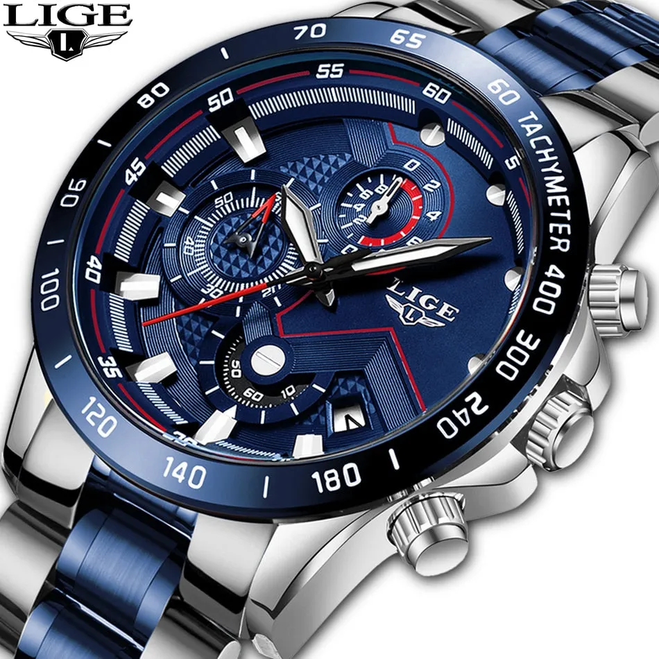 Blue and silver stainless steel chronograph sports watch