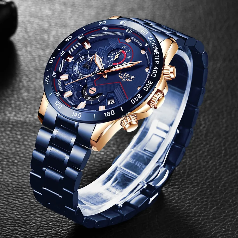 Blue and silver stainless steel chronograph sports watch