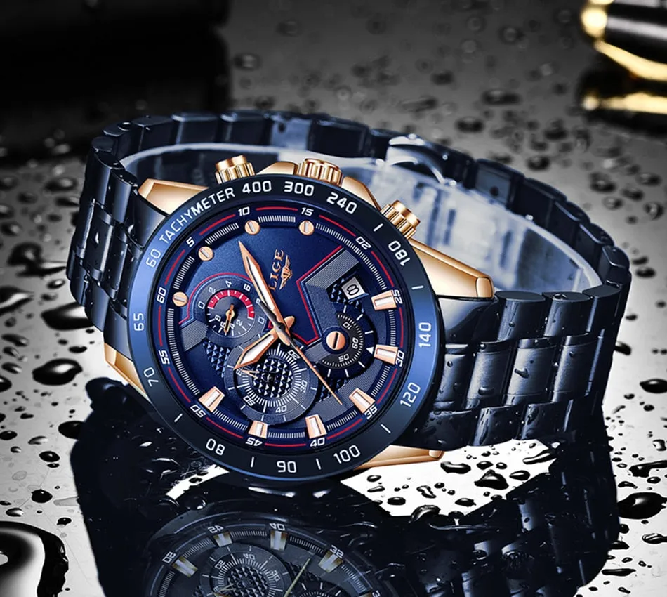 Blue and silver stainless steel chronograph sports watch