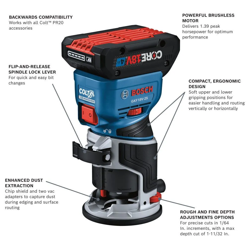 Bosch GKF18V-25PL14 18V Brushless Colt Palm Router Kit with (1) CORE18V 4 Ah Advanced Power Battery and Plunge Base