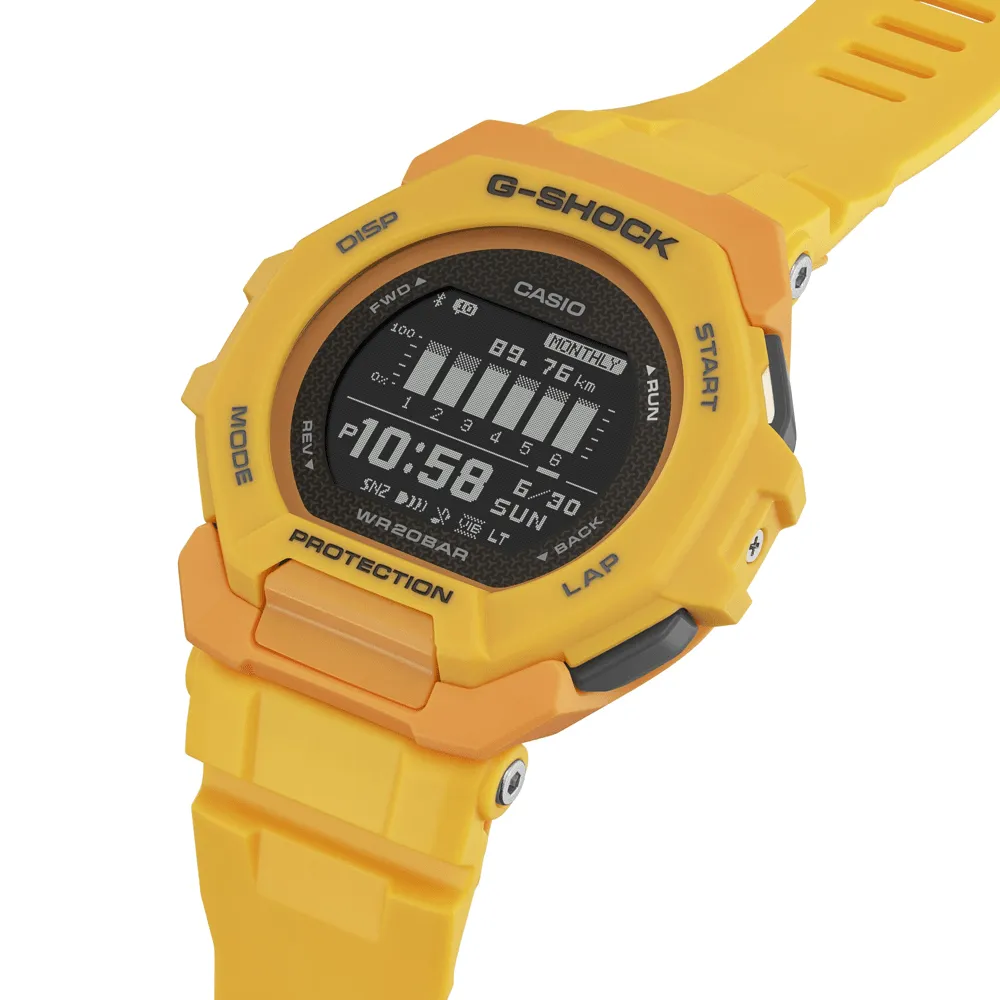 Casio G Shock G Squad Digital Bluetooth Training Worldtime 200M Water Resistant Yellow Case And Resin Band GBD300-9D