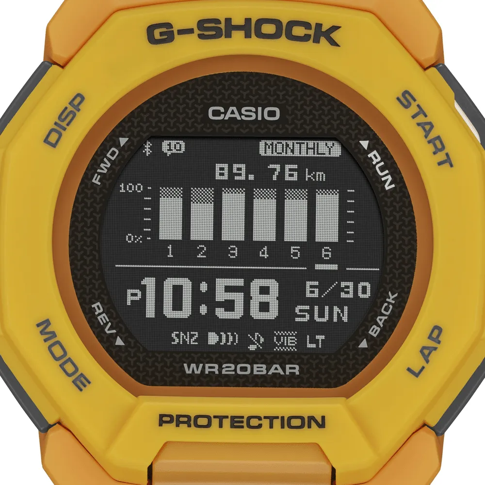 Casio G Shock G Squad Digital Bluetooth Training Worldtime 200M Water Resistant Yellow Case And Resin Band GBD300-9D