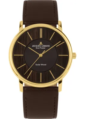 Eco Power Solar Wood Dark Brown Vegan Strap Gold Plated Men's Watch