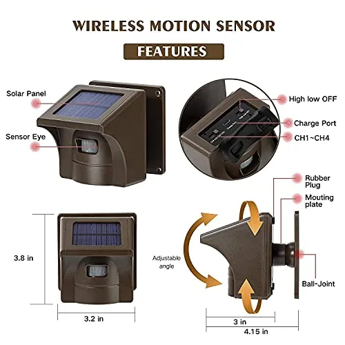 eMACROS 1/2 Mile Long Range Solar Wireless Driveway Alarm Outdoor Weather Resistant Motion Sensor & Detector-Security Alert System-Monitor & Protect Outside Property