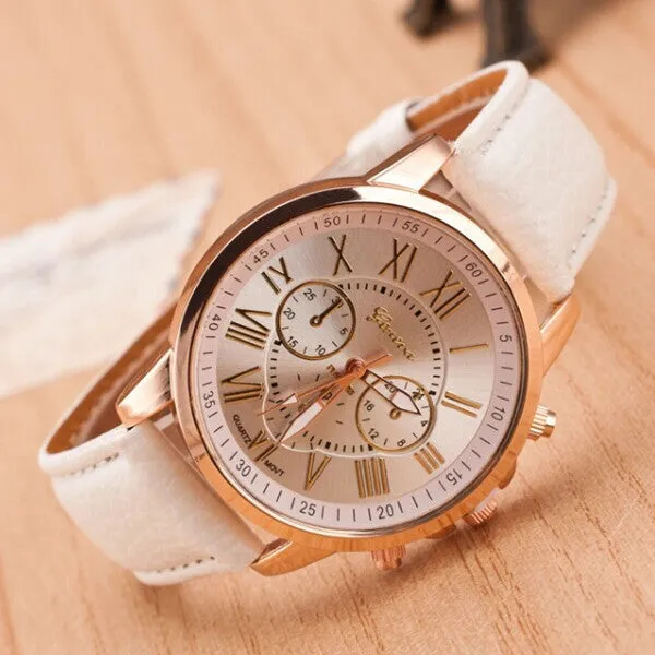 Fashion Women Dress Watches Roman Numeral Dial Leather Quartz Wristwatch Men Casual Geneva Watch