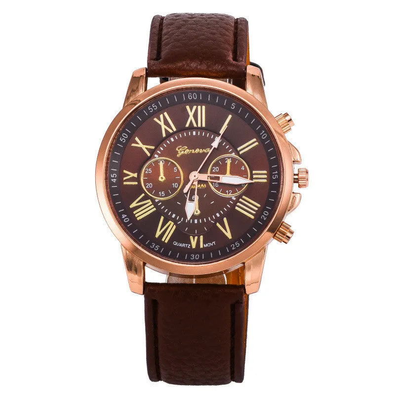 Fashion Women Dress Watches Roman Numeral Dial Leather Quartz Wristwatch Men Casual Geneva Watch