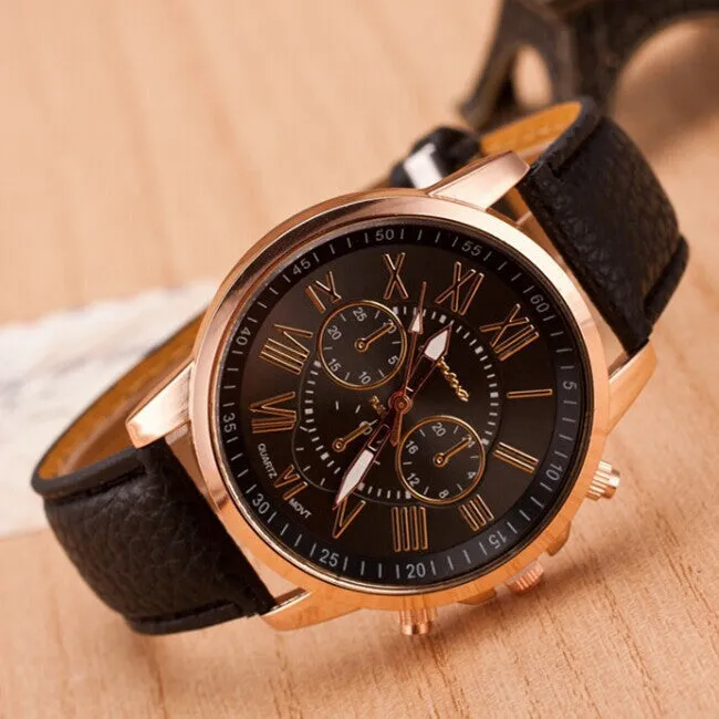 Fashion Women Dress Watches Roman Numeral Dial Leather Quartz Wristwatch Men Casual Geneva Watch