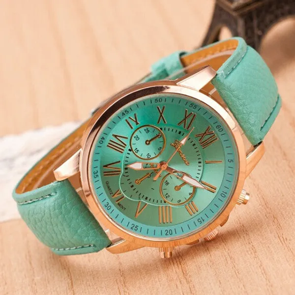 Fashion Women Dress Watches Roman Numeral Dial Leather Quartz Wristwatch Men Casual Geneva Watch