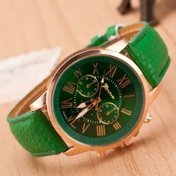 Fashion Women Dress Watches Roman Numeral Dial Leather Quartz Wristwatch Men Casual Geneva Watch