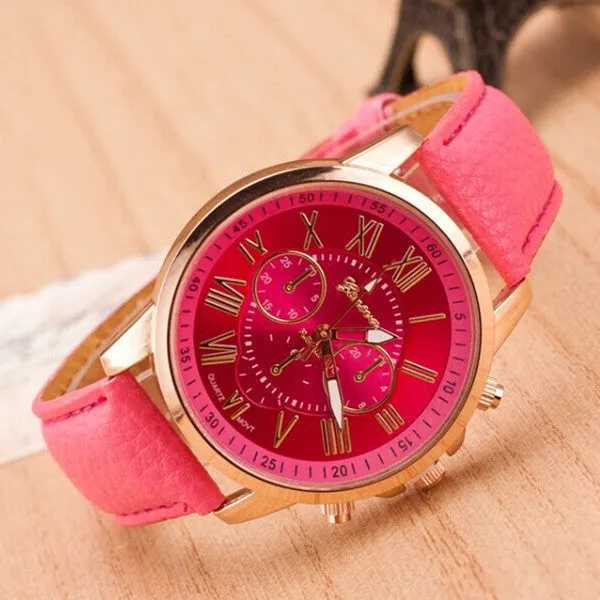 Fashion Women Dress Watches Roman Numeral Dial Leather Quartz Wristwatch Men Casual Geneva Watch