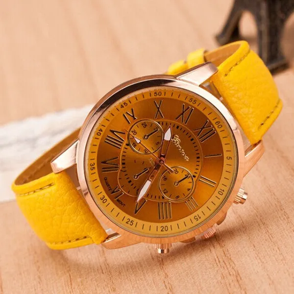 Fashion Women Dress Watches Roman Numeral Dial Leather Quartz Wristwatch Men Casual Geneva Watch