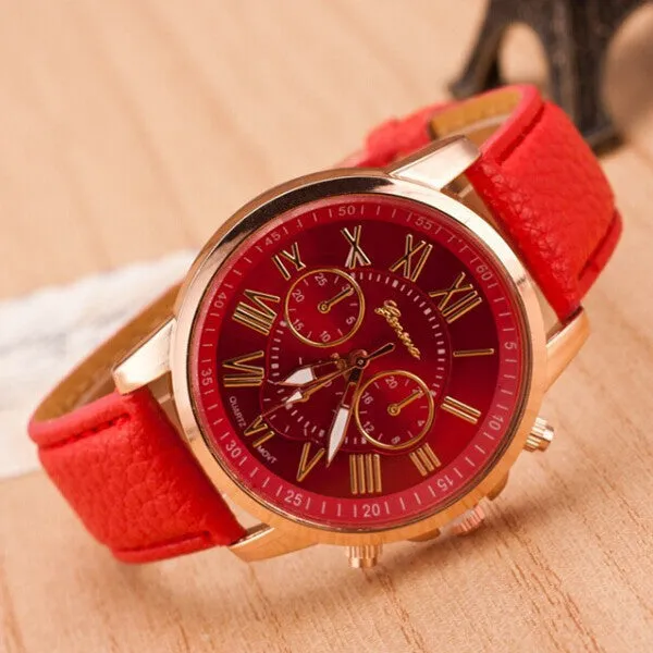 Fashion Women Dress Watches Roman Numeral Dial Leather Quartz Wristwatch Men Casual Geneva Watch