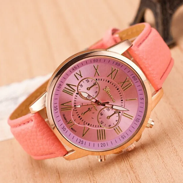 Fashion Women Dress Watches Roman Numeral Dial Leather Quartz Wristwatch Men Casual Geneva Watch