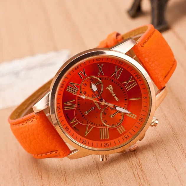 Fashion Women Dress Watches Roman Numeral Dial Leather Quartz Wristwatch Men Casual Geneva Watch